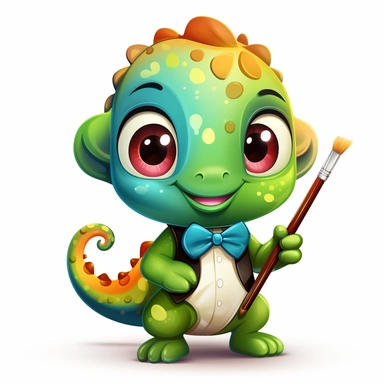 IMAGE_TYPE: Vector clipart illustration | GENRE: Cute | EMOTION: Adorable | SCENE: An incredibly cute, charismatic chameleon with a bowtie holding a paintbrush, with big sparkling eyes, depicted in an anime-style vector illustration. The illustration showcases the charming features of the animal, including its expressive face, and awesome details. The Animal is placed on a clean and crisp white background, allowing the viewer to focus solely on its irresistible cuteness. | ACTORS: Lion | LOCATIO
