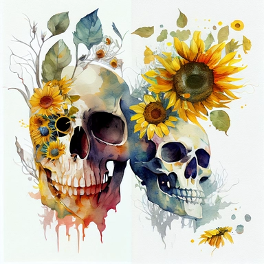 Skull with sunflowers ( Skull: divided into 2 parts along the vertical axis, half is sunflower, half is 1/2 skull), Watercolor Clipart, details