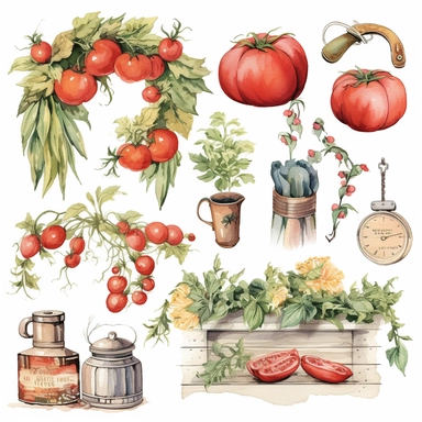 Design a vintage - style, watercolor garland or wreath for the 'Farmer's Kitchen' mystery box label, featuring tomatoes, basil, poppies, and other items from the box, as well as a couple of themed clipart elements for decoration. The garland or wreath should have a soft, romantic aesthetic and be hand - drawn in a watercolor style. The colors should be muted and natural, with pops of bright red and orange for the tomatoes and poppies. The overall design should be whimsical and charming, with a t
