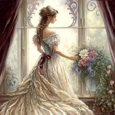beautiful lady, very detailed, wearing beautiful flowing dress, standing by large victorian window, looking out the window, beautiful romantic bouquet of flowers, beautiful crystal ornate vase, sitting on table with decorative tablecloth, infront of large victorian window with beautiful flowing curtaings, soft colors, crisp colors, ribbon, very detailed, fantasy, romantic, clipart style