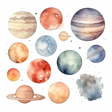 watercolor illustration clipart, cartoon, different planets like earth mars moon saturn, white background, Soft pastel colors