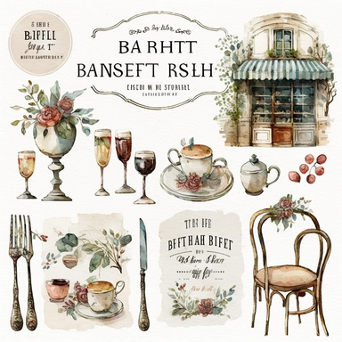 antique vintage style french bistro clipart sets, watercolor style, distressed, white background