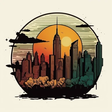 New York/ skyline/ cartoonstyle/ sun/ clipart/ black outline/color/comic strip style /White background