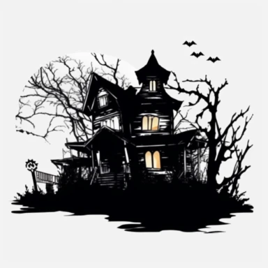 scary dark haunted house halloween silhouettes ghost ultra highly detailed, 18k, sharp focus, high definition, intricate detailed png image, 300dpi, graphic clipart, computer graphics, With white background for removing, no text on image