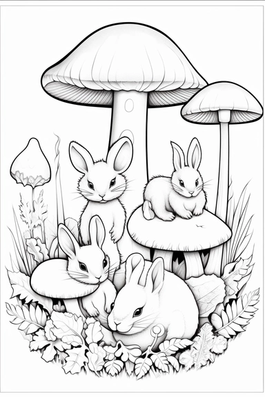 a mushroom with a wavy stem, with a family of rabbits eating nearby , clipart style of coloring book for children, super simple, thick, clear, lines, black and white, white background