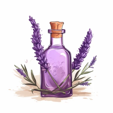 Lavender infused with oil in a small bottle with wooden top, Vector art clipart, solid white background
