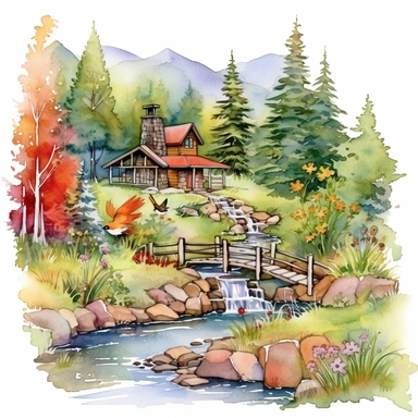 watercolor clipart painting of a Colorado mountain landscape, with evergreen pine trees, pinecones and sage green trees, with some yellow aspen trees and white birch trees, log cabin in the wood with smoke coming out of the chimney. there is a little bridge over the blue and green stream with rocks and lily pads in the babbling brook, a red cardinal and some hummingbirds, butterfly and dragonfly, a dusk sky with a moon and a few stars, hd, magical and whimsical illustration with a little gold gl