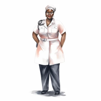 single black overweight woman nurse watercolor clipart. Full body