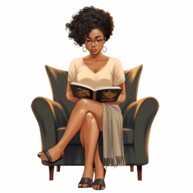 Melanin girl PNG | Black Girl Clipart, Black Woman Illustration, African American Fashion Digital Print, Self Love Clipart, pixie cut hairstyle, sitting in chair reading a book
