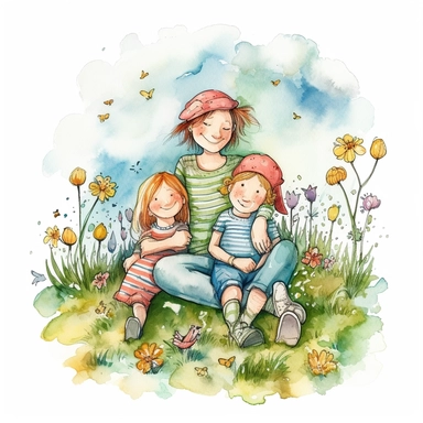 a happy mother with her two children in spring, watercolor clipart, transparent background, watercolor and black ink, illustration for children's book, margin, no text.