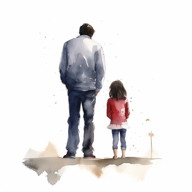 father standing with daughter, facing away from camera, watercolor illustration with plain white background, clipart