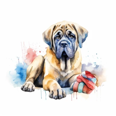 A playful illustration capturing the fun and playful side of an English Mastiff, perhaps showing it with a favorite toy or engaging in a friendly game with other dogs, with a white background and watercolor clipart.