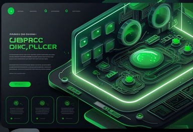 UI UX interface landing page front view full width 16:9 award winning design, A person using DesignStudioPro create vector graphics clipart with their company. round buttons, 3D elements, black and dark design, electric green lighting, techcore