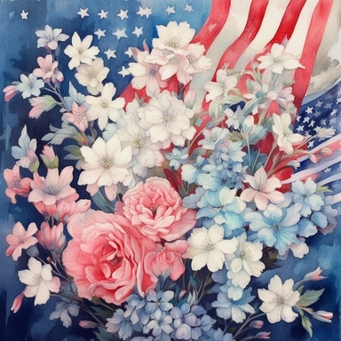 American flag with spring flowers. USA independence day. 4th of July, The illustration should be in the style of dreamy watercolor florals, inspired by the works of artists like Vytautas Kairiukstis, Villagecore, Kathrin Longhurst, and Christian Schloe. The color palette should predominantly feature white and pink, with a touch of flower power. The aspect ratio of the illustration should be 3:2. Be sure to include vintage truck clipart in your design, and dont forget white background, NO BACKGRO