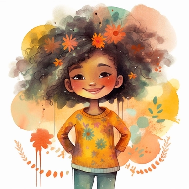 A joyful clipart portraying an African American girl with a charmingly textured hairstyle, adorned in fashionable and whimsical garments, set against a high-resolution and grey background, brought to life with the vibrant colors and free-flowing brushstrokes of a watercolor art style,
