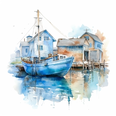 blue Harbor , watercolor by Nita Engle, Clipart, vectorized with white background,