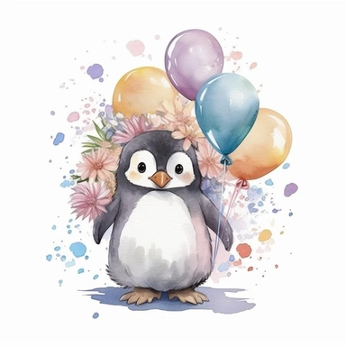 cute snowy ilustration, realistic adorable penguin with baloons and flowers happy clipart, nursery style clipart, Nursery Animals Art, Kids Wall Art, Kids Room Decor, Baby Room Decor, isolated on white, ultra - detailed, high quality, ghibli style, award winning