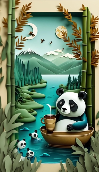 Multidimensional Paper - cut craft , paper illustration , tunne , multi dimensional paper quilling,Chinese landscape illustration,greenish-blue,coffee cup ,Cute baby panda saying hello, standing beside bamboos, watercolor style, cute style, clipart, no words, hd image.best quality, ultra-detail, 3d rendering , Octane render , elevationperspective ,diversity