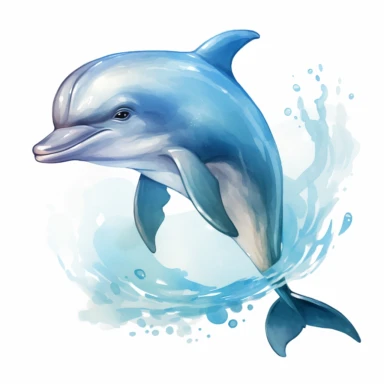 Create a watercolor clipart illustration of a gentle, cute and adorable dolphin. Emphasize its cute features, such as large eyes, a sweet smile, and soft, rounded tentacles. Use a soft and delicate color palette, with subtle shades and pastel tones. The clipart must be on a solid white background to capture the softness and charm of the character