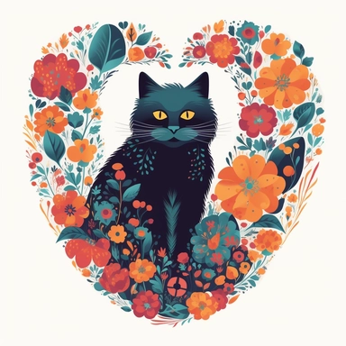 shaggy cartoon style cat in the center of vibrant colored boho style flowers in a heart shape border, silhouette vector flat simple identification symbol white backround white background minimalistic clipart png svg