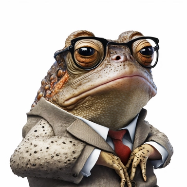 studious toad, wearing a suit and glasses, funny, white background, clipart, no shadows