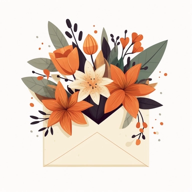 create a clipart cartoon featuring an open envelope with an aesthetic flower bouquet, minimalist, white background