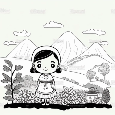 Landscape, simple, traditional costume, local food, animal, educational, history, and cultural diversity, clipart style, cute, picture book style, captivating, kid friendly cute character, black and white, coloring book, not color style, cartoon style, vector image, simple, line art style, character, white background