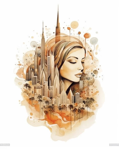watercolor promotional print for the city of Dubai depicting the essence of the United Arab Emirates soul, dreamlike, clear individual recognizable elements, inspired by line art in brown color, clipart, on white background