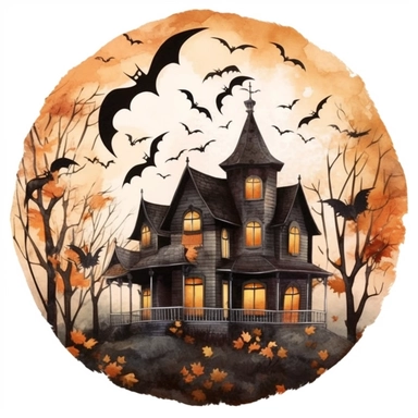 haunted house, full moon, bats flying in sky, halloween style, clipart, watercolor, vintage--q2--v5.1--s1000