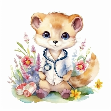 Cute Japanese Weasel BABY, BEAUTIFUL big SHINING EYES ,HAPPY, dressed as a Doctor , Watercolor Little Animals Clipart, COLORFUL