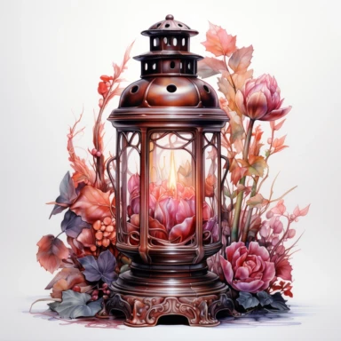 hyperrealistic ultra detailed watercolor clipart, floral fantasy lantern with a candle lit, white background, in the style of digital print, clipart, illustration, sticker, ultra high definition, rich details, 32K, HD