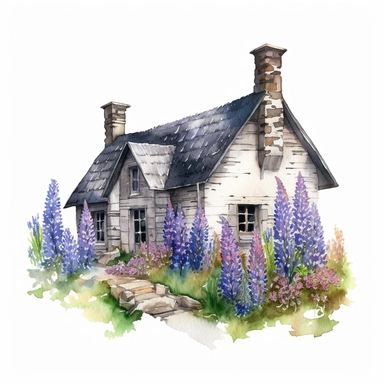 a stone cottage with lupine flowers growing nearby. clipart, white background, watercolor drawing