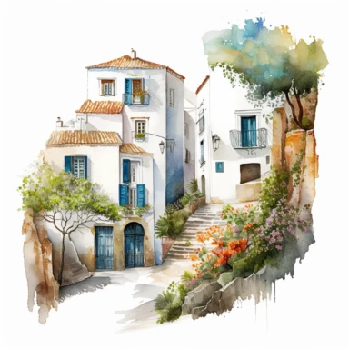 beautiful watercolor clipart of white houses on a cobbled street in a French hillside village near the Mediterranean sea, warm summer hues with blue and white, compositions on an isolated white background. Bright landscapes illustrations, highly detailed