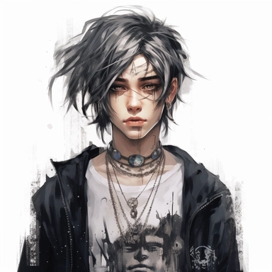 beautiful stunning handsome cute anime gothic e-boy, paint art style, clipart, white background, superrealistic, one of a kind