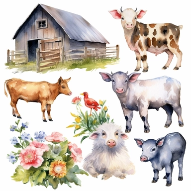 Watercolor illustration clipart set of barn, baby pig, chicken, goat, cow, dog, fence with grass and flowers, hd, realistic, no background,