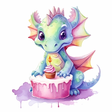 Cute happy Watercolor cake Baby Dragon Clipart, on a white background