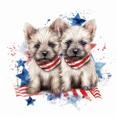 digital clipart, solid white background, two new born puppy Cairn Terriers in the theme of 4th July, white background