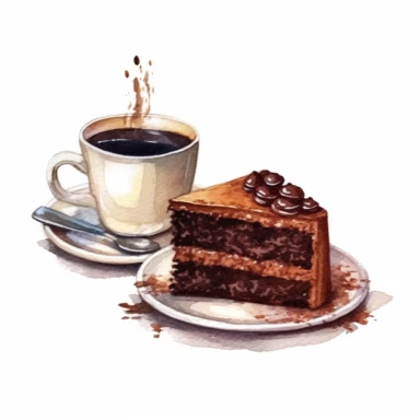 A cup of black coffee, steaming hot, next to a piece of chocolate cake clipart, white background, watercolor drawing, very detailed , Cartoon,hyper realistic, intricate detail, illustration style,high solution,on the white background