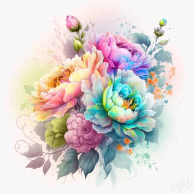 soft colorful neon pastel colored floral arrangement clipart, soft and subtle, colorful neon fairy pastel colors watercolor style, fawncore, plain white background, colorful neon pastel roses peonies gerberas tulips, excellent depth of shading in soft watercolor style, neon pastel colorful soft watercolor artwork, plain white background for transparent editing