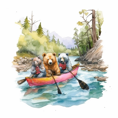 ink and watercolor illustration of bears canoeing, realistic, sharp focus, bright bold colors, beautiful, soft details, clipart, white background