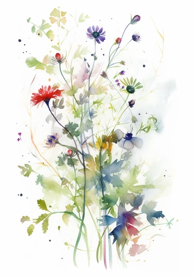 a watercolour of floral flourishes made out of very delicate summer wildflowers on white background for clipart, 8k