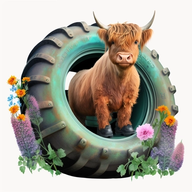 Detailed watercolor Baby highland cow tractor tyre with flowers, realistic, isolated on a white background, clipart sitting inside a tractor tyre with flowers