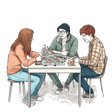 illustration drawing style of four happy teenagers playing a board game at a party. They are seated around a table. There are snacks and drinks as well as the board game on the table. the setting is realistic. The style is simplistic and used for clipart and thumbnail. Plain white background.