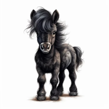 black baby pony horse, with much hair, high detailed clipart style, white background