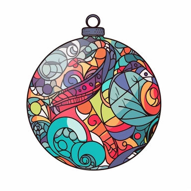 colourful christmas ball Ornament illustration, cartoon clipart style, thin black outline, Vector style illustration, Decal Cut, Clear and Clean image, white Background, 8k, full hd