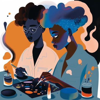 1️⃣ a cartoon style of two women with paint for an illustration in front, in the style of diverse color palette, dark and brooding designer, afro-caribbean influence, dark sky-blue and indigo, scientific illustrations, exacting precision, charming character illustrations 2️⃣ woman at table paint with colors, in the style of afrofuturism, fluid brush strokes, dark sky-blue and dark gray, playful character design, use of bright colors, exacting precision 3️⃣ color splashing artistic girl paint wat