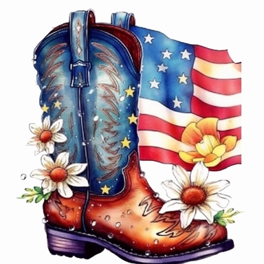 American flag with Cowboy boots Flower Sublimation Clipart, Cartoon funny, Cute anime, Very detailed, Colorful firework sky background--v 5