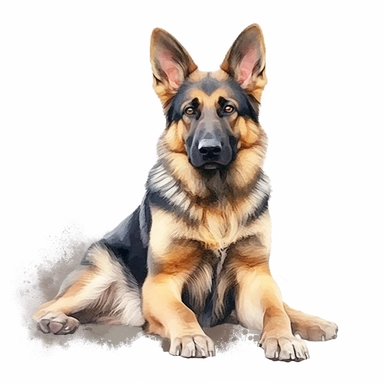 watercolour cute german shepherd dog sitting beautiful details four perfect legs and paws realistic beautiful facial features ultra detailed ultra photo real intricate detailed png image ,high definition,300dpi,graphic clipart,computer graphics