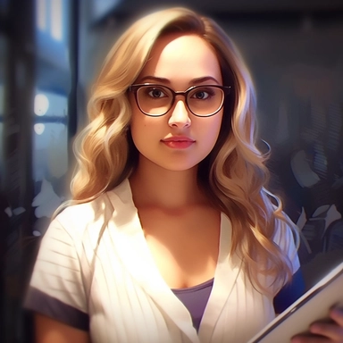 beautiful girl, wearing a lab coat and glasses, holding a clipboard, standing inside a research center, character portrait, 1960s, blonde straight blond hair, red lipstick, deep chest cut, intricate, elegant, highly detailed, digital painting, artstation, concept art, smooth, sharp focus, illustration, art by Wlop, Mars Ravelo and Greg Rutkowski