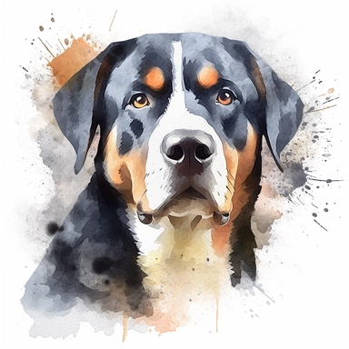 Greater Swiss Mountain Dog, water color style, clipart, white background